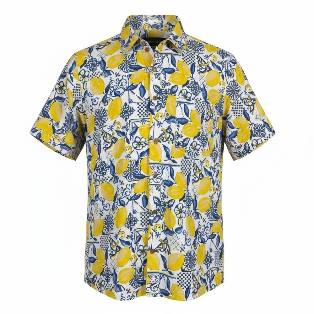Lucky Brand‎ Mens XL Lemon Blue Tile Print Short Sleeve Button Up Shirt